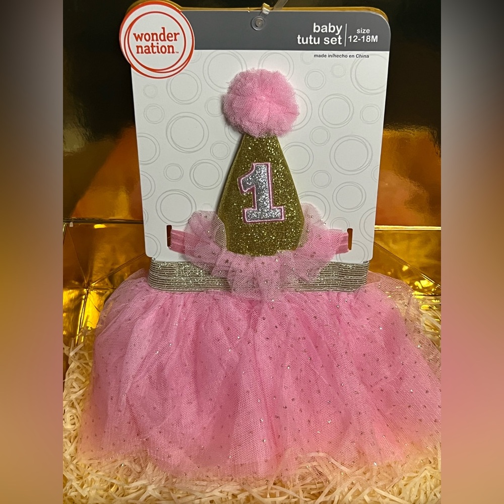 Wonder Nation Baby First Birthday Pink Gold Sparkle Tutu Skirt & Party Hat